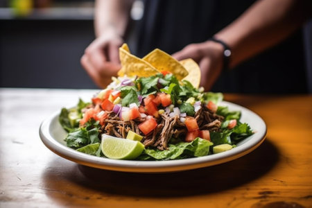 hand serving taco salad on a plate, created with generative aiの素材
