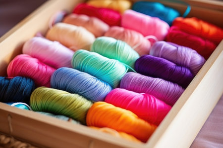 assortment of colourful threads in sewing box, created with generative aiの素材