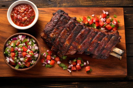 top-down view of bbq ribs with a side of homemade salsa, created with generative aiの素材