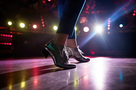 a close shot of tap shoes tapping on a brightly lit dance floor, created with generative aiの素材