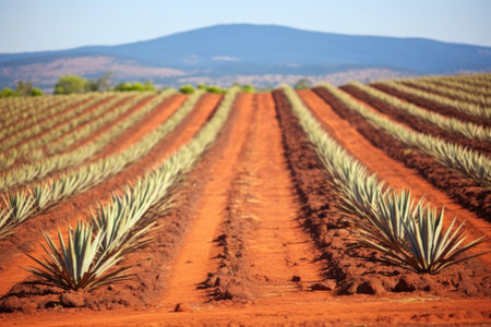 long rows of agave plants in red soil field, created with generative aiの素材