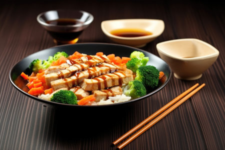 a bowl of teriyaki sauce with tofu steaks next to it, created with generative aiの素材