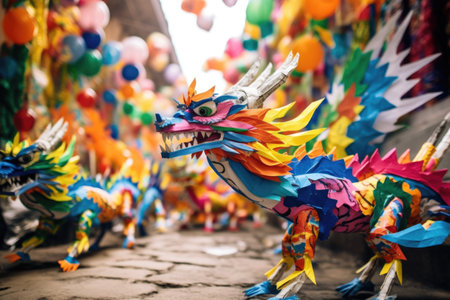 vibrant cultural festival with paper dragons in an asian city, created with generative aiの素材