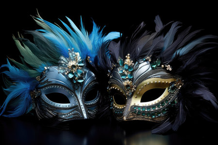 a pair of ornate masquerade masks with feathers, created with generative aiの素材