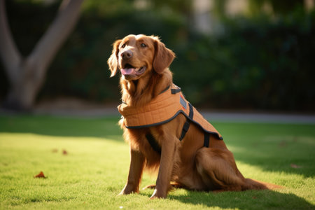 a brown dog wearing a therapy animal vest, created with generative aiの素材