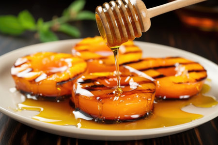 bbq grilled peach halves with honey drizzle, created with generative aiの素材