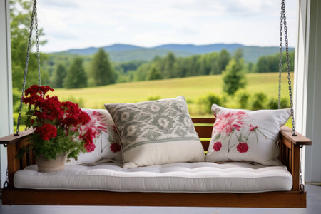 porch swing with plump cushions on a farmhouse, created with generative aiの素材