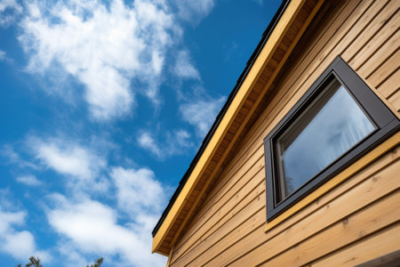 closeup of wooden cladding on a saltbox house, seen from below, created with generative aiの素材
