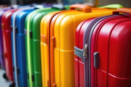 detailed close-up of colorful luggage trolley, created with generative aiの素材