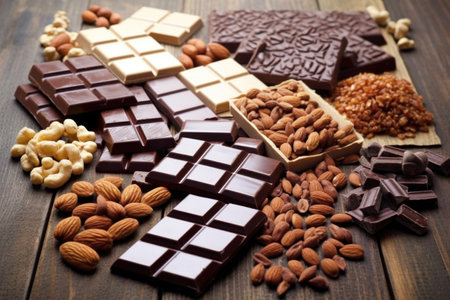 assorted vegan chocolate bars lined neatly on a wooden table, created with generative aiの素材
