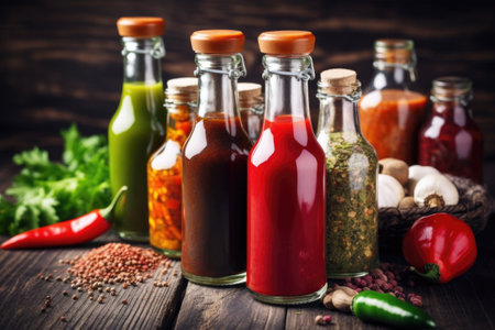 vegan-friendly bbq sauces in glass bottles, created with generative aiの素材