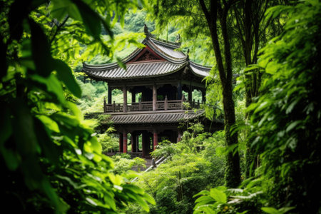 traditional asian temple pictured within lush green foliage, created with generative aiの素材