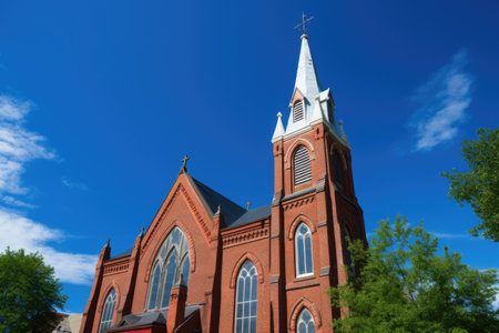 classic red brick church captured under a clear blue sky, created with generative aiの素材