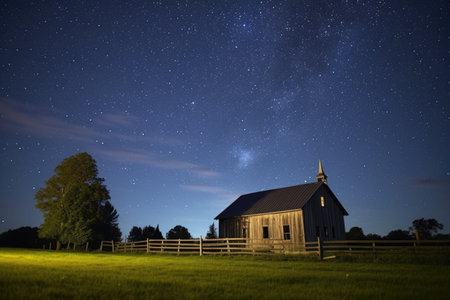night shot of a lit-up country church under starry skies, created with generative aiの素材