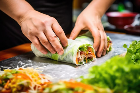 hand picking up a precut vietnamese spring roll showing inside filling, created with generative aiの素材