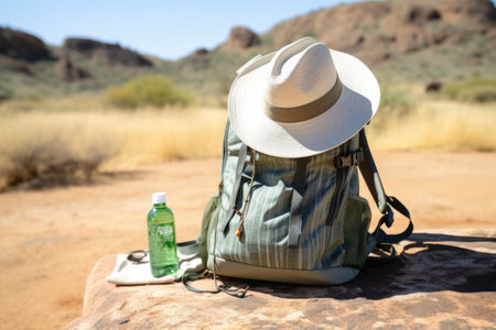 a backpack with a water bottle, sun hat, and sun cream, created with generative aiの素材