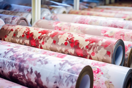 freshly printed wallpaper rolls ready for packaging, created with generative aiの素材