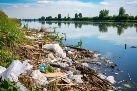 piles of waste dumped on the bank of a lake, created with generative aiの素材