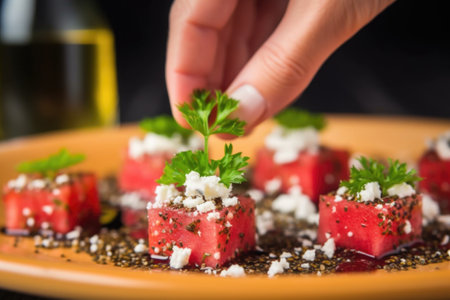 hand sprinkles black pepper on top of watermelon and feta salad, created with generative aiの素材