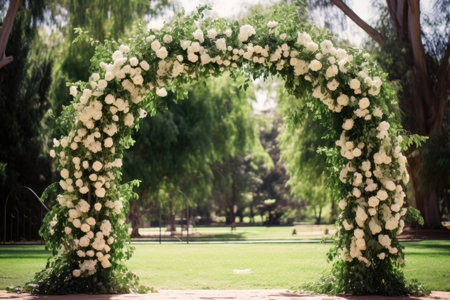 elegant floral arch for a verdant park wedding, created with generative aiの素材