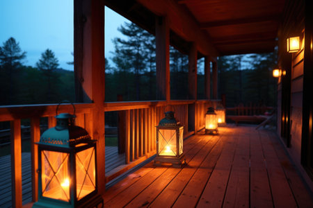 glowing lanterns on cabin porch at dusk, created with generative aiの素材