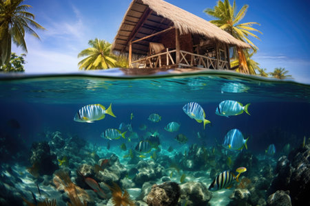 underwater bungalow with tropical fish swimming, created with generative aiの素材