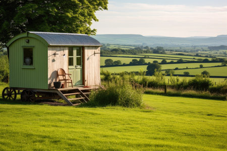 cozy shepherds hut in rolling green fields, created with generative aiの素材