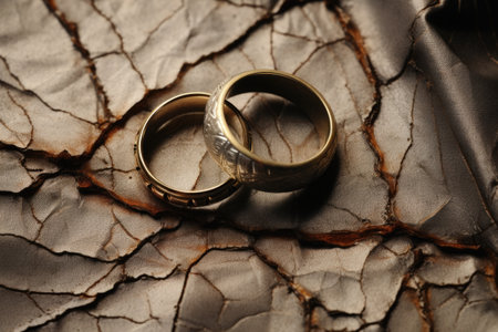 broken wedding rings on a distressed leather surface, created with generative aiの素材