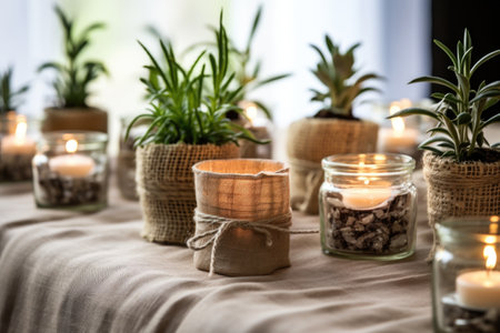 glass terrariums with tea candles on a burlap tablecloth, created with generative aiの素材