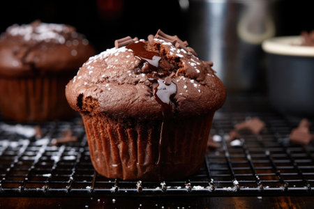 chocolate muffin with melting cocoa on a wire rack, created with generative aiの素材