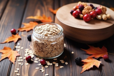 flat lay of oats jar with scattered berries on a wooden table, created with generative aiの素材