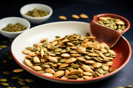 spiced pumpkin seeds on a ceramic plate, created with generative aiの素材