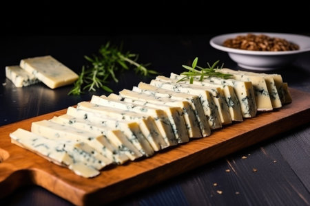 rye crackers with slices of roquefort cheese arranged in a straight line, created with generative aiの素材