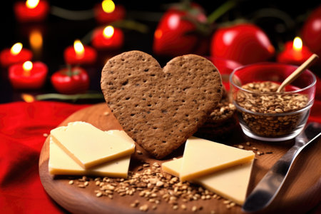 rye crackers surrounding a heart-shaped swiss cheese, created with generative aiの素材