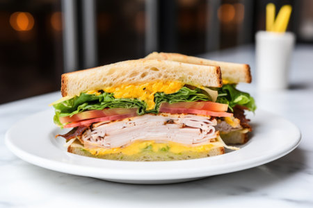 crafted sandwich with turkey, cheese, lettuce, and mustard on white plate, created with generative aiの素材