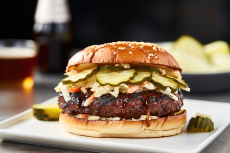 brisket sandwich with coleslaw and pickles on a toasted bun, created with generative aiの素材