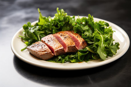 seared tuna steak with a bed of greens on a flat dish, created with generative aiの素材