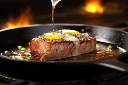 sizzling seared tuna steak with butter melting on top, created with generative aiの素材