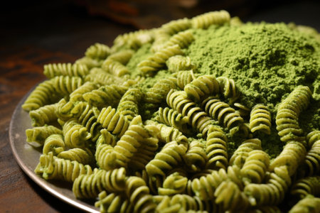 neatly arranged spelt pasta adorned with a spiral of pesto, created with generative aiの素材