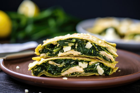 thinly sliced chicken with spinach and feta filling, created with generative aiの素材