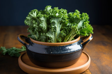 steamed kale on earth-toned stoneware, created with generative aiの素材