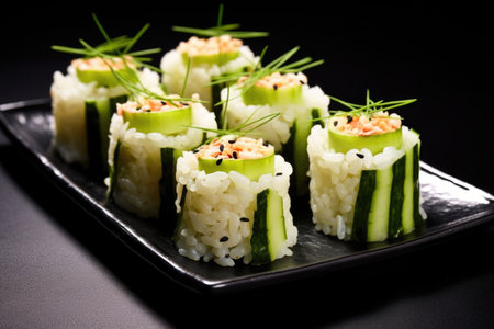 rice and cucumber sushi roll on black plate, created with generative aiの素材