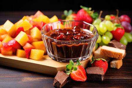 glass bowl of mixed fruit cubes and nutella-spread bruschetta, created with generative aiの素材