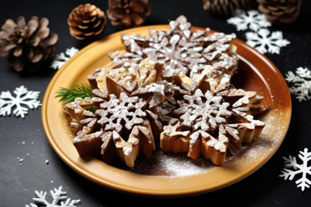 winter theme: snowflake-decorated plate with nutella bruschetta, created with generative aiの素材