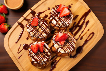 top view of honey-drizzled nutella bruschetta on a wooden plate, created with generative aiの素材