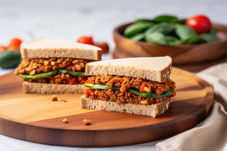 tempeh sandwich with baked beans on a wooden plate, created with generative aiの素材