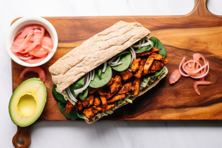 overhead shot of a tempeh sandwich on a board, created with generative aiの素材