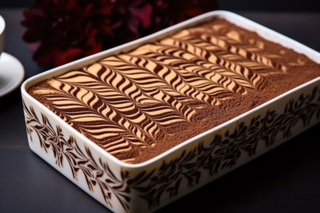close-up of tiramisu with cocoa powder decoration forming a pattern, created with generative aiの素材