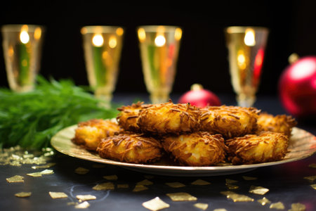 gold menorah with vegan potato latkes in the background, created with generative aiの素材