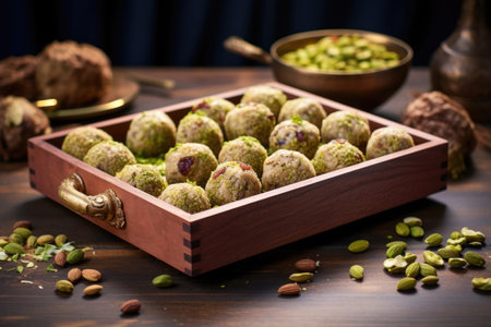 raw vegan laddus arranged in a wooden tray, garnished with pistachios, created with generative aiの素材